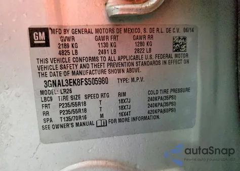 2015 Chevrolet Captiva Lt из США, поврежденный, VIN 3GNAL3EK8FS505980